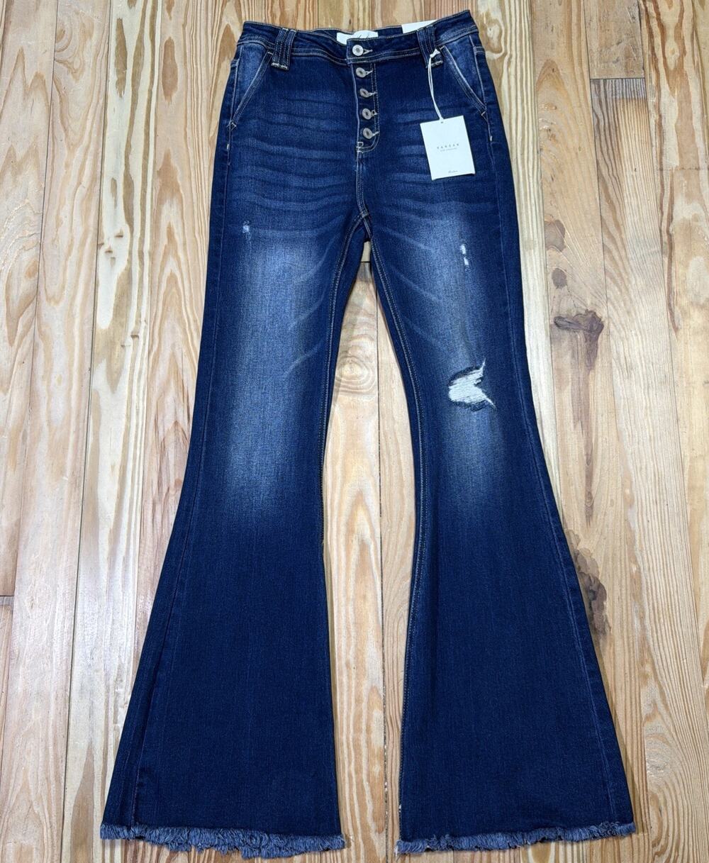 KANCAN High Rise Flare Bell Bottom Fringe Button Fly Distressed Jeans 7/27 NWT